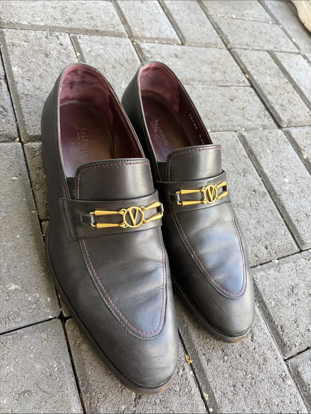 Valentino Black Leather Slip-On Loafers with Gold V Logo